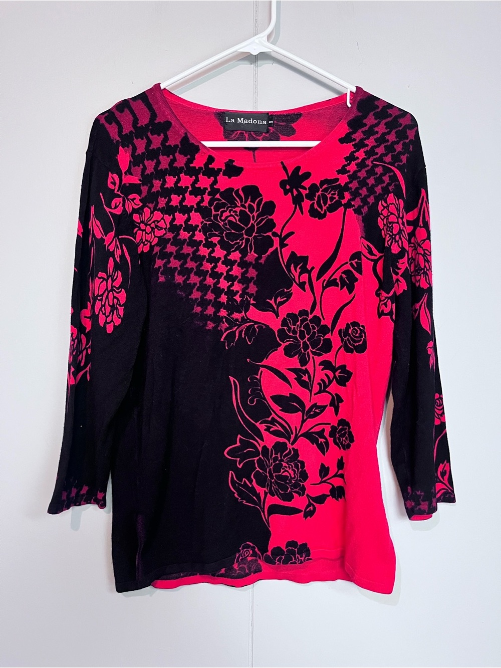 La Madonna Red & Black Floral Long Sleeve Top — Bold Y2K Style. Small